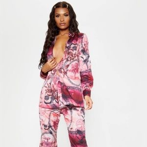 Pink Oriental Print Oversized Long Sleeved Collared Shirt. Size 2